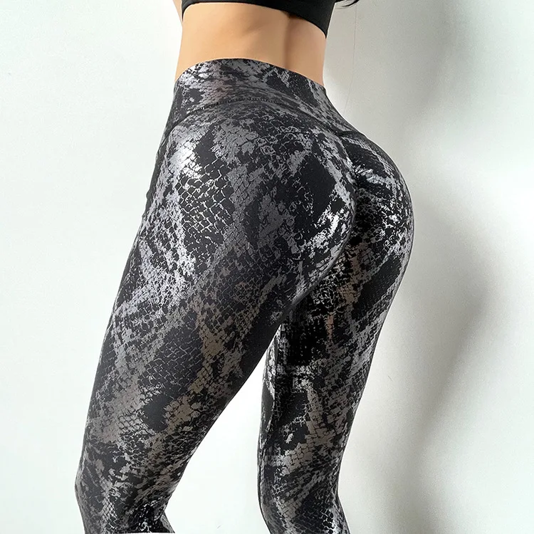 Kobiety bezszwowe legginsy Sexy wysokiej talii wężowej brązujący drukuj Hip Lift elastyczne Push Up spodnie sportowe do jogi obcisłe legginsy na