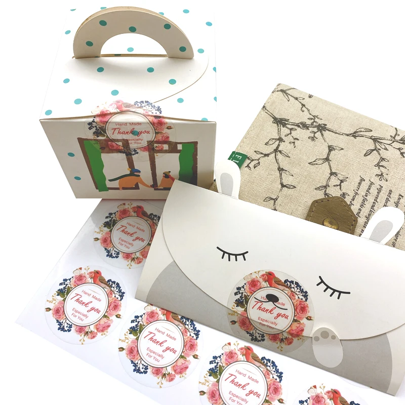 60Pcs Bloem Vogeltje Transparant Seal Sticker Ronde Dank U Afdichting Label Kraft Sticker Bakken Diy Ronde Gift Stickers