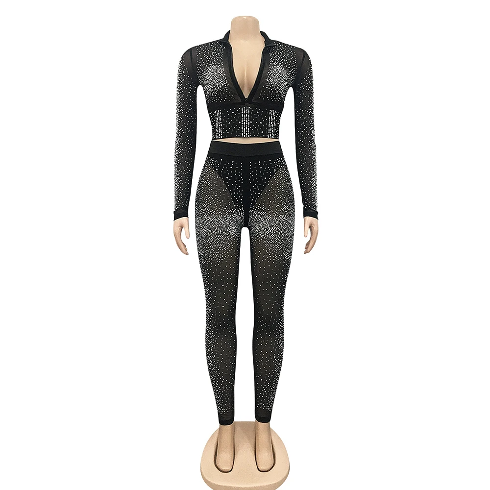 Kricesseen Sexy Black Diamond Crystal Pant Set Women Long Sleeve Zipper Top And See Through Pants Suit Party Club Matching Set