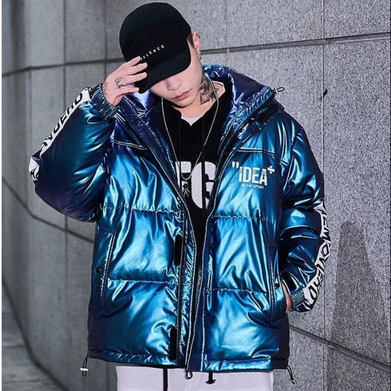 Trendy Loose Down Jacket Mens 2021 New Winter Pu Coat Colorful Glossy Printed Down Puffer Jacket Men Clothing