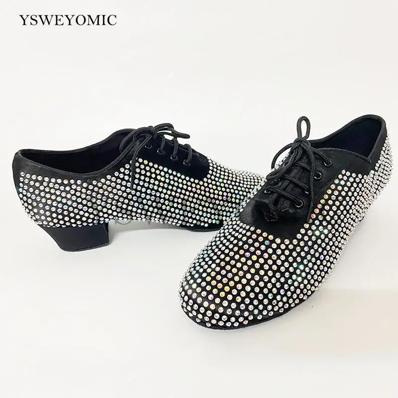 2021 Rhinestones Men\'s Latin Dance Shoes 4cm 2cm Customized Split Flexible Outsole Ballroom Salsa Dance Shoes For Men