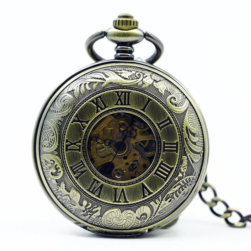 10pcs/lot Vintage Bronze Roman Number Mechanical Pocket Watch Double Open Hunter case fob watch  Hand Winding Pocket Watch