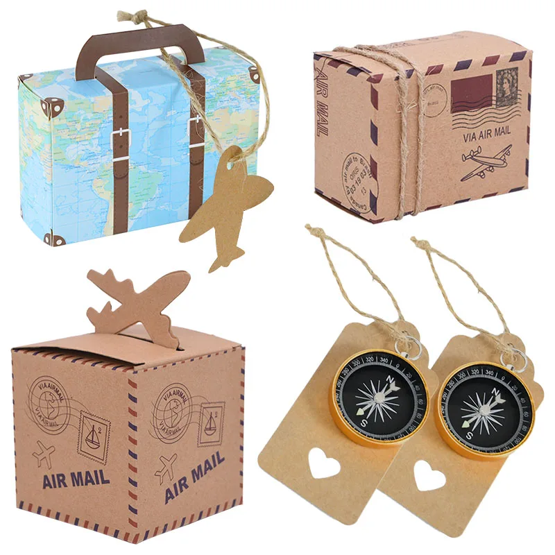 

10pcs Mini Suitcase Candy Box Travel Map Classic Theme Gift Box Compass Pendant For Wedding Birthday Favor Present Boxes Packing