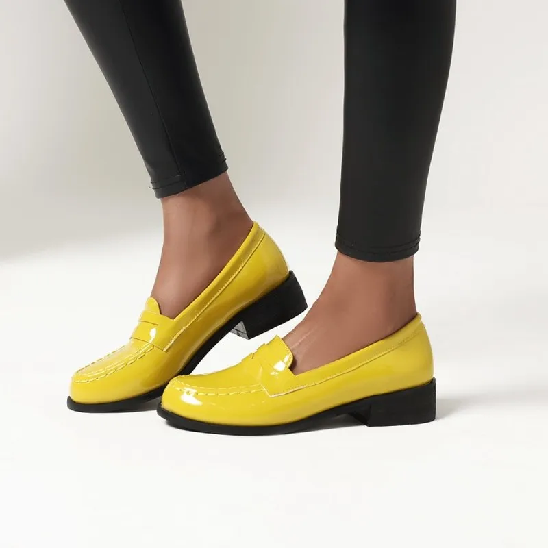 

Spring Women Loafers Patent Leather Round Toe Flats Casual Office Retro Slip-on Black Yellow Dress Ladies Oxfords Womens Shoes