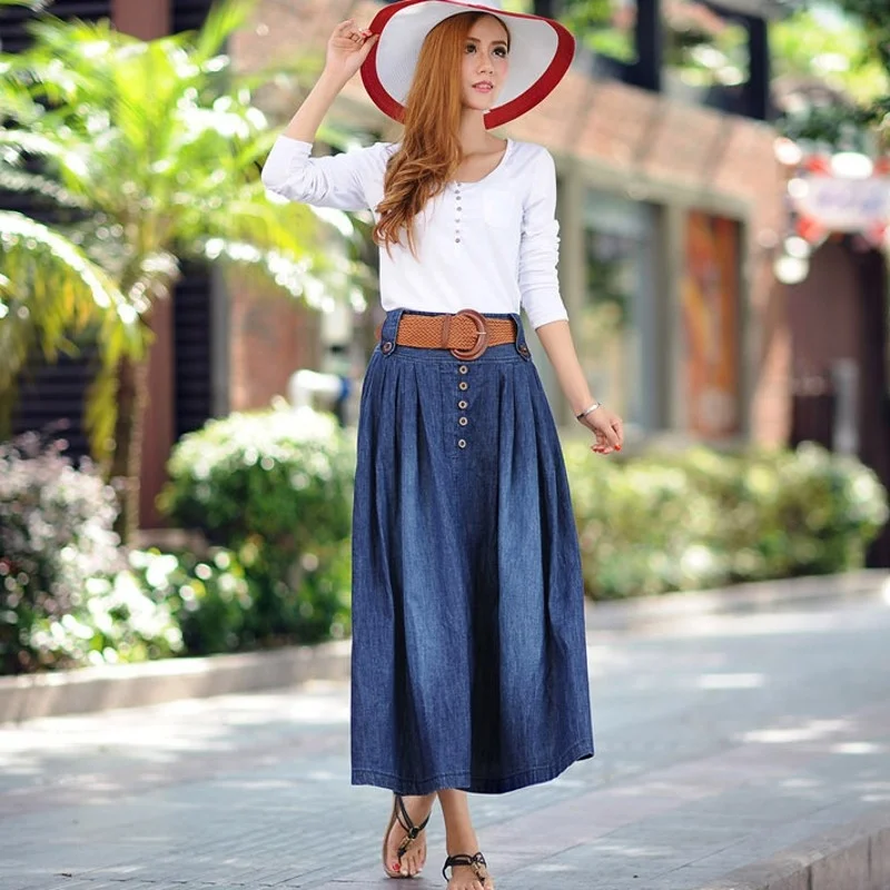 Sale Hot Fashion Ankle Length Skirts Women Sashes Design Autumn Comfort Pleated Denim Falda Loose Fit Saia Plus Size 5XL