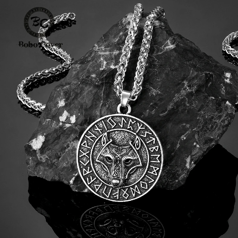 Vikings Rune Wolf Necklaces Men Norse Amulet Pendant With Stainless Steel/Genuine Leather Chain Vegvisir Keychain Male Jewelry