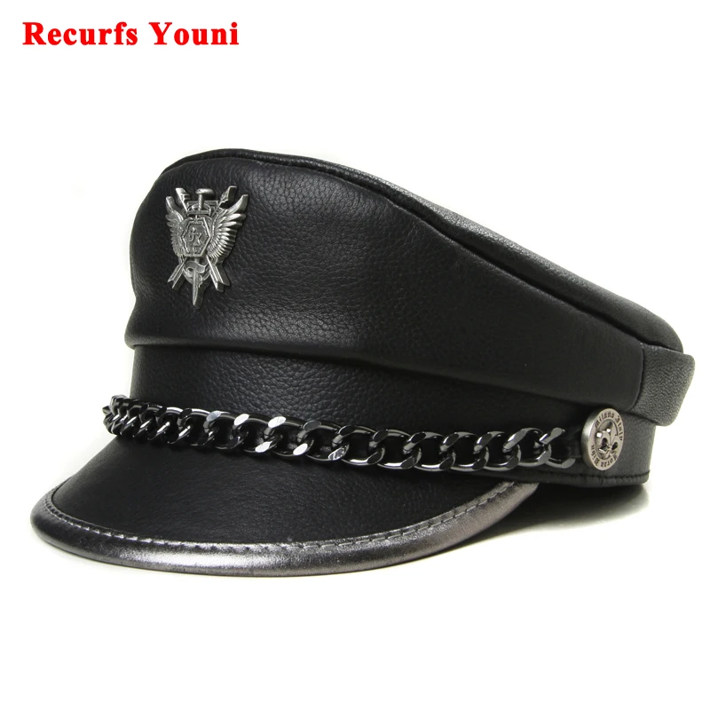 Novelty Winter Men‘s Genuine Leather Hat Male Flat Top Badge Locomotive Retro Military Caps Students Punk Cortical Chain Gorra