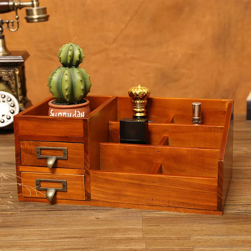 Desktop Cosmetics Retro Solid Wood Storage Box for Living Room