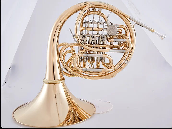 Il più nuovo bellissimo strumento musicale professionale a 4 tasti Bb/F doppio corno francese in ottone color oro con custodia