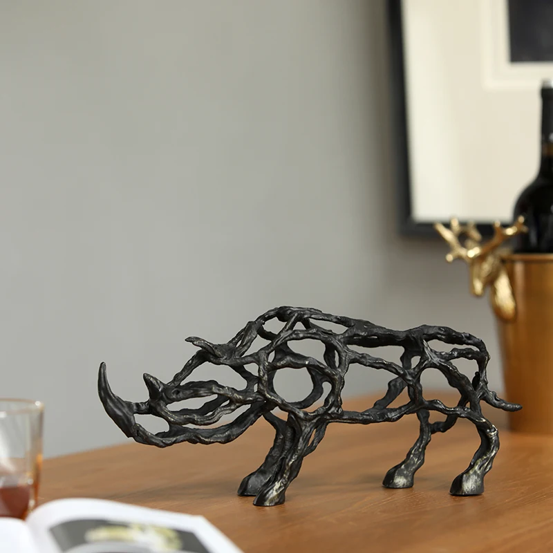 Modern Abstract Rhino Abstract Ornament Metal Frame Statue Home Decoration Crafts Room Objects Office Figurines Wedding Gifts