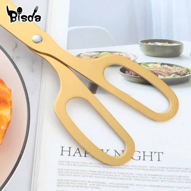 1/2PCS Food Serving Tongs Stainless Steel Bread Clip Scissor Shape Meat Salad Food Clip Gold Kitchen Utensils Serving Tools