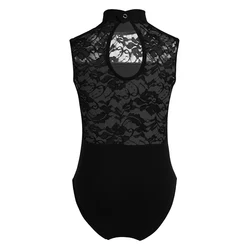 Kids Girls Ballet Leotard Sleeveless Turtle Neck Lace Dance Gymnastics Workout Bodysuit Professional Ballerina Stage Costumes