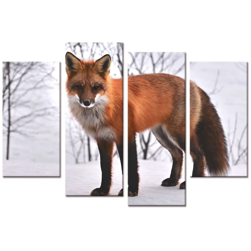 

4 Pieces Fox In Forest Wall Art Canvas Painting Animal In Winter Print Poster Modern Style Picture Living Room Home Decor