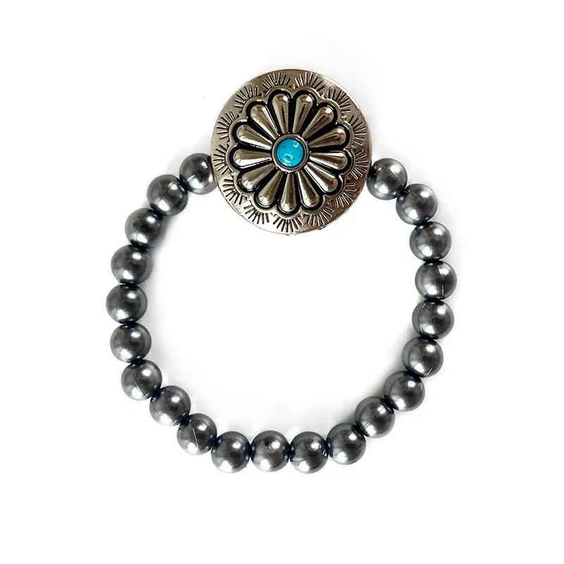 

New Western Style Retro Stretch Round Beaded Blank Metal Flower Pattern Turquoise Conchae Charm Bracelets Fashion Women Jewelry