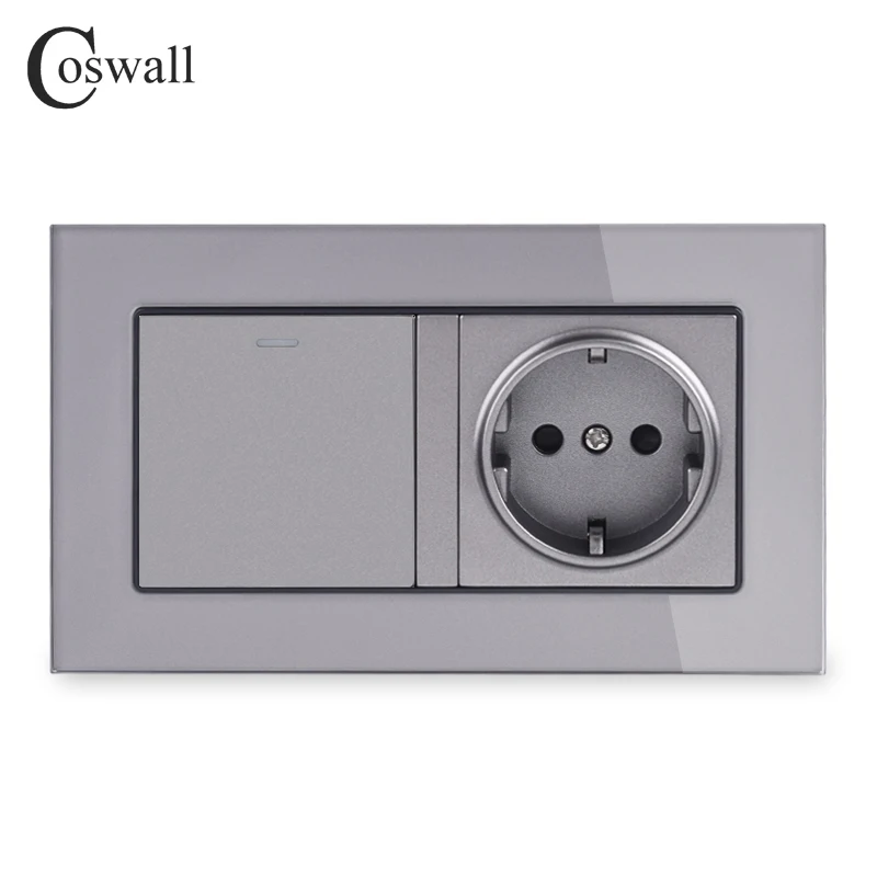 COSWALL Crystal Glass Frame Russia Spain EU Standard Wall Socket Grounded + 1 Gang 1 Way On / Off Light Switch 146*86mm