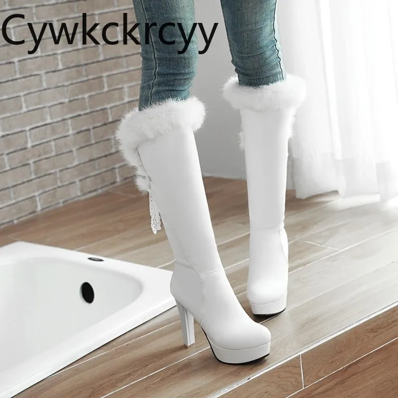 winter The New Rabbit hair fashion Round head overheight with 11CM Women's boots white Sexy Keep warm High heel Women boots34-43