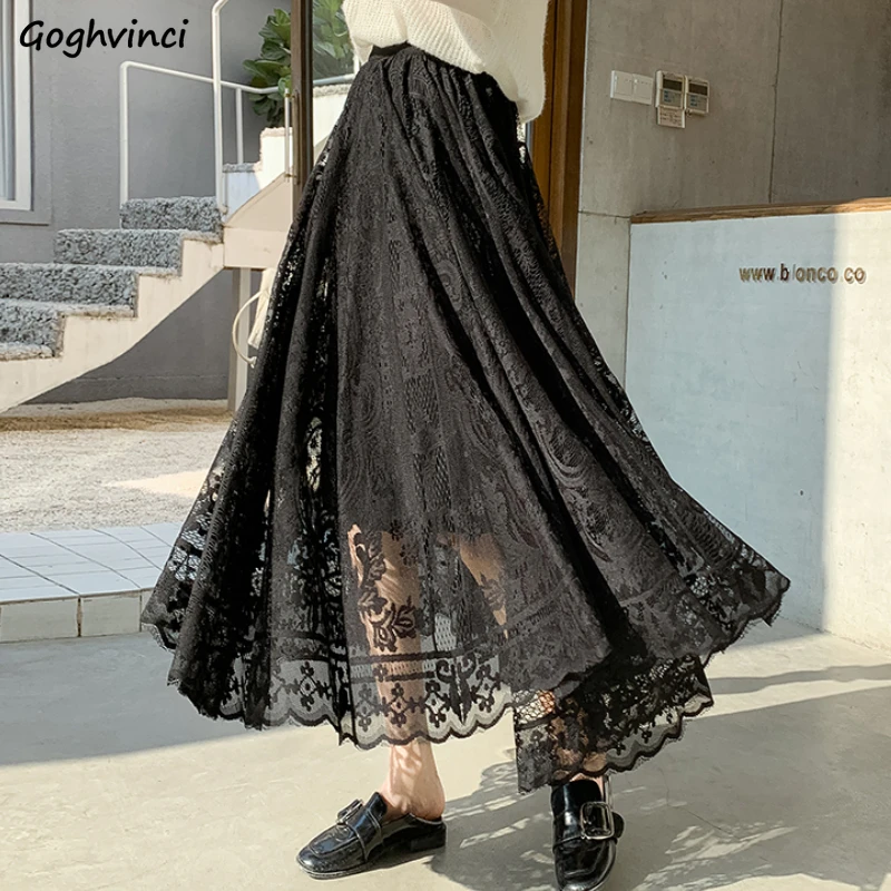 Słodkie spódnice Kobiety Koronkowa spódnica do kostek z wysokim stanem dla pań Luźny Casual Retro Miękka koreańska moda uliczna Modny szyk na wszystkie mecze