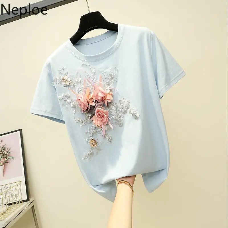 Neploe O Neck Flower Embroidery Pullover T Shirt Women Loose Causal Pink Short Sleeve Tees Summer 2024 New Cutton Top 49174