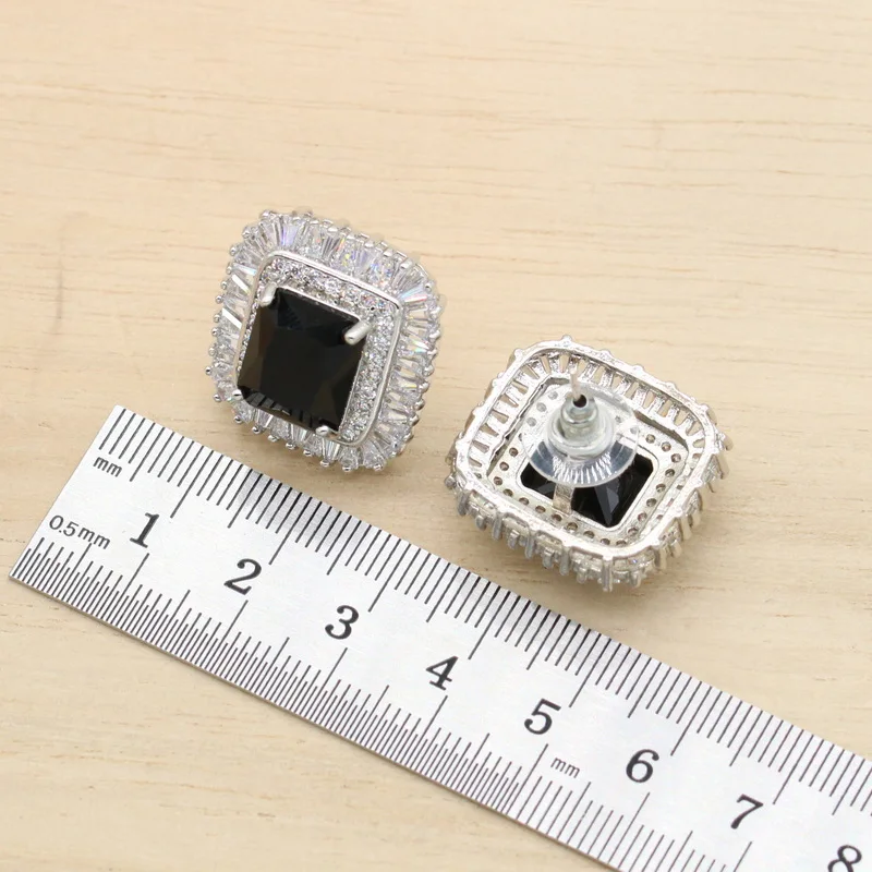 Black Stones Silver Color Bridal Jewelry Sets For Women Necklace Pendant Earrings Rings Gift Box