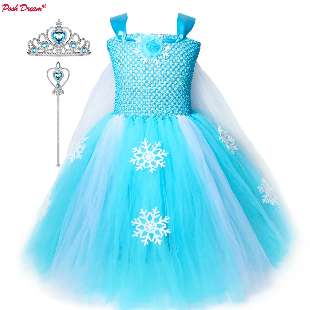 Kids Girls Tutu Dresses for Cosplay Party Snow Princess Blue Toddler Baby Girls Clothes Birthday Dresses