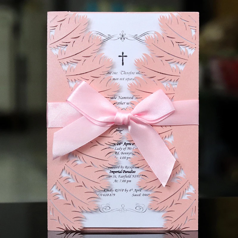 

Double Fold Feather Wedding Invitations With Ribbons Laser Cut Invitation Greeting Cards Mariage Birthday Baptism Party Supplies