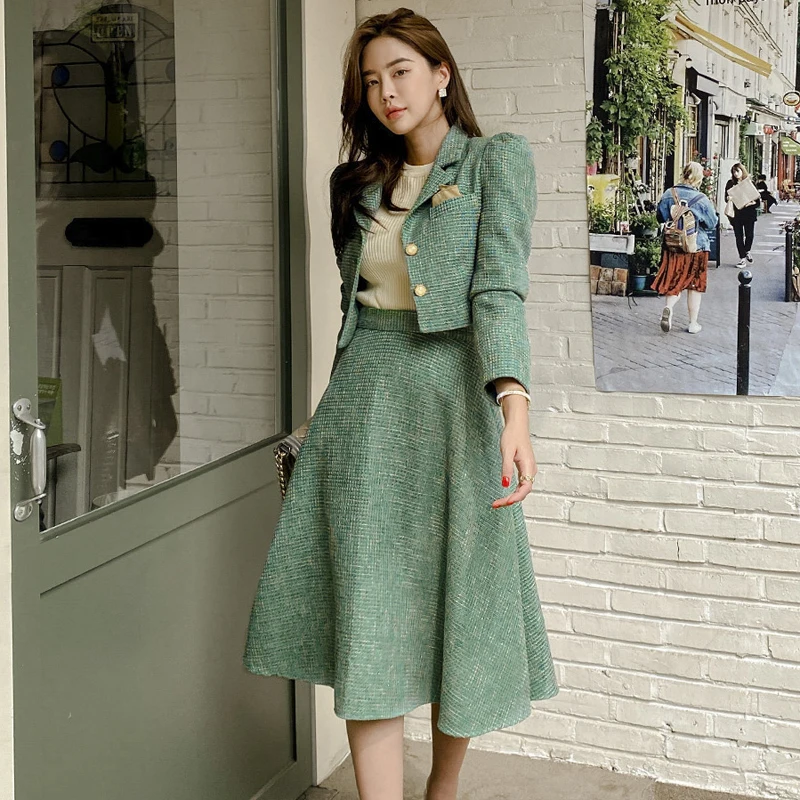 New Autumn Winter Two Piece Set Women Fashion Notched Collar Green Short Blazer Jacket + High Waist Ball Gown Midi Skirt Suits