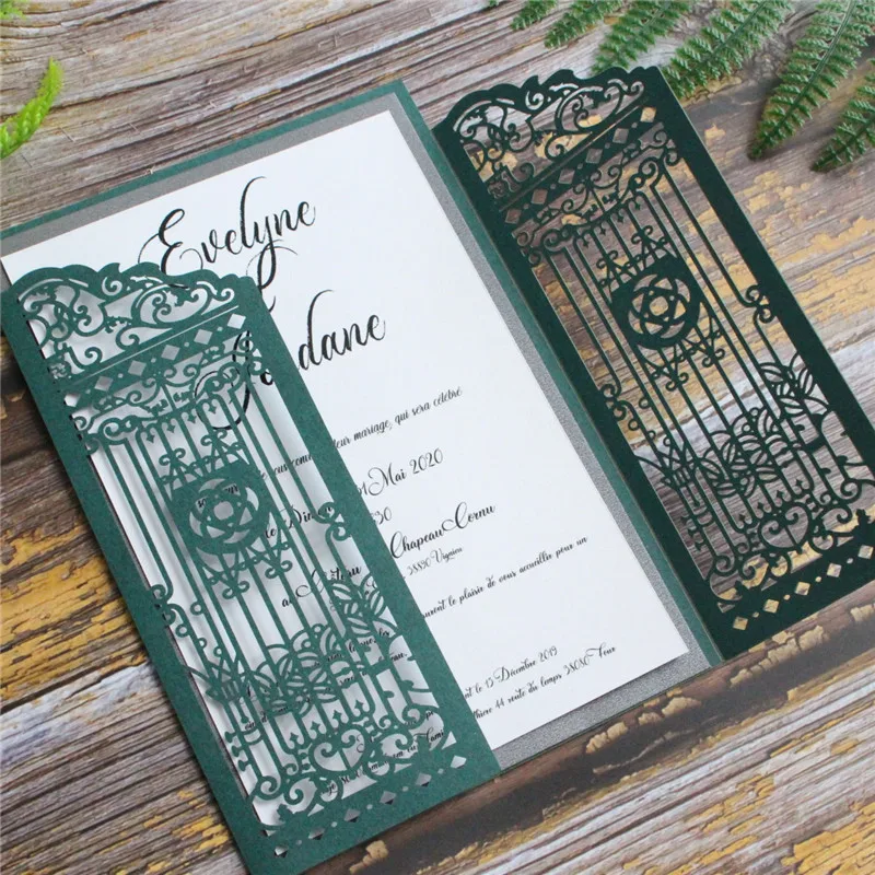 

Dark green rustic wedding invitation customized insert card design with grey backing border party decor