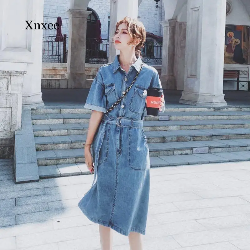 Women Denim Dress Short Sleeve Single-Breasted Sashes Elegant Jean Dress Women Summer Big Pocket Midi Dresses Casual Vestidos