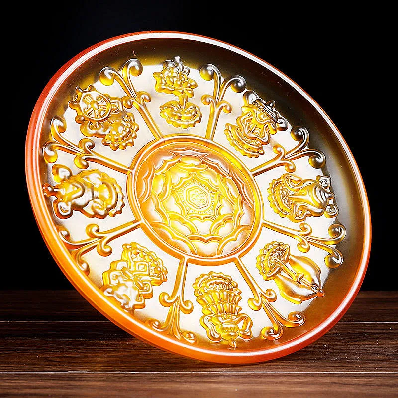 21cm Yellow Big Resin Buddhist Tibetan Lotus Base Eight Auspicious Symbol Decorate Sacrificed Fruit Putting Plate Craft