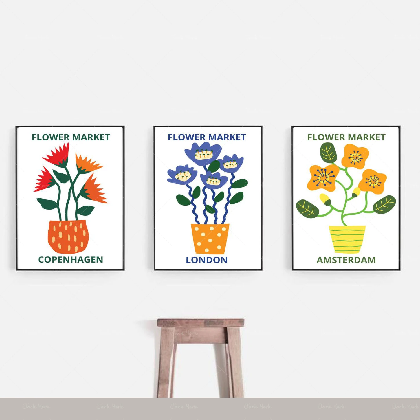 Set mit drei Drucken, Blumenillustration, abstraktem Blumenmuster, moderne Wanddrucke, Blumenposter, Kunst-Digital, Druck, Home Wall Ar