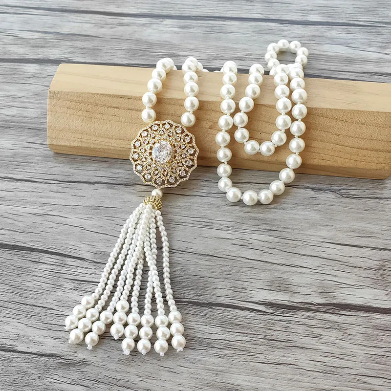 1Pcs Handmade Golden Charm Pendant CZ Micro Pave Connector, Shell Pearl Beads Chain Tassels Women Jewelry Necklace