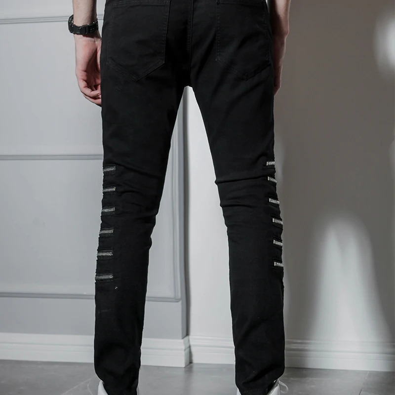 Men's jeans European and American casual pants men more zipper slim stretch jeans high street hip hop retro Internet trend