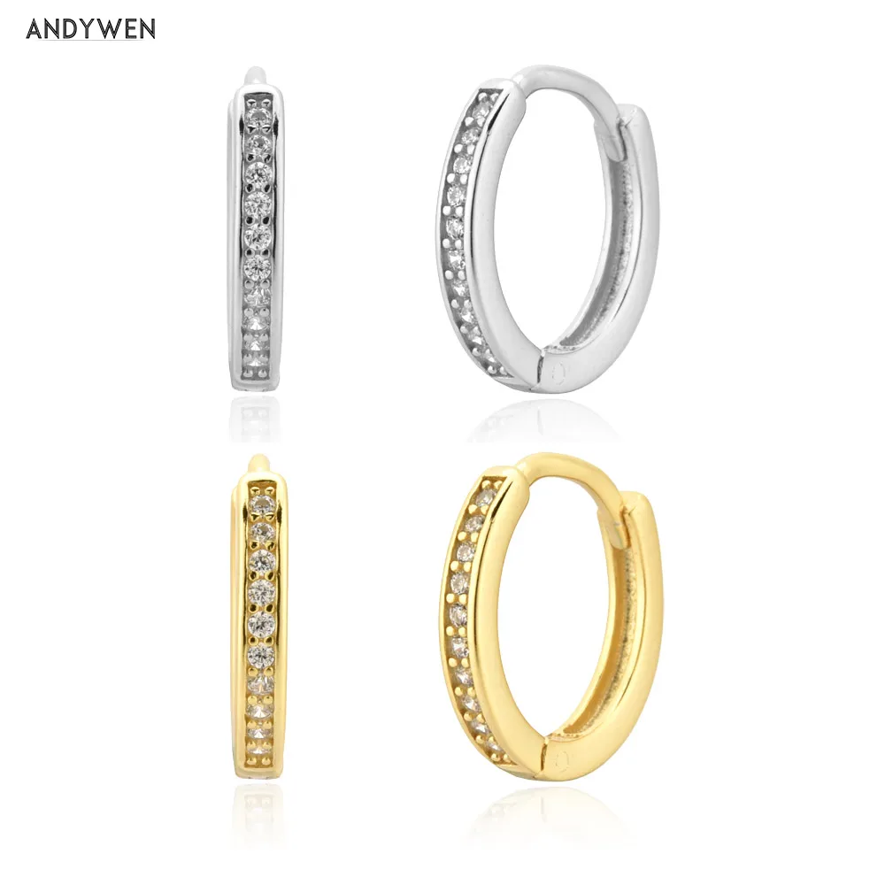 ANDYWEN 925 Sterling Silver Gold Big 11mm Huggies Hoops Clear Zircon Fashion Fine Jewelry Piercing Ohrringe Pendientes For Women