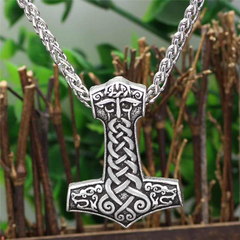 Gifts Wholesale New Retro Viking Thor's Hammer Mjolnir Men Pendant Jewelry Norse Viking Necklace With Stainless Steel Rope Chain