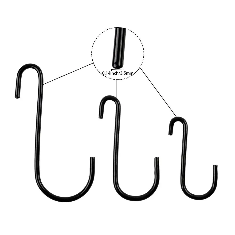 Heavy Duty S-Shaped Hooks, Black Hanging Hangers, Hooks for Pan, Pot, Coat, Bag, Plants, Kitchen, Bathroom, Bedroom, 3 Sizes