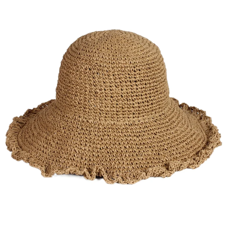 Wholesale Summer Handmade Wave Beach Hat Foldable Plain Wide Brim Lady Sunshade Straw Bucket Hats