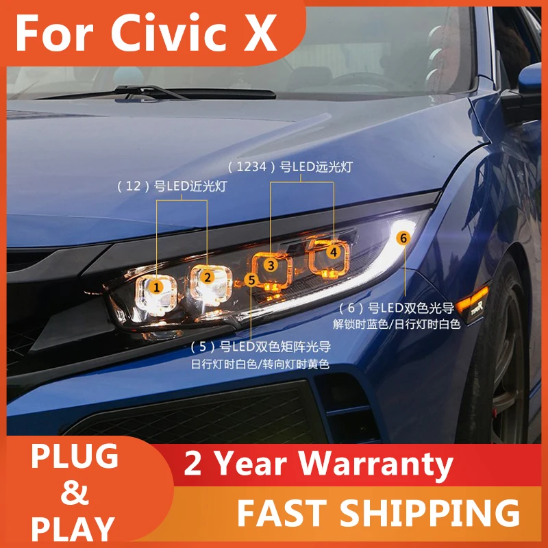 ALL LED Head Lamp For Honda Civic X G10 Bugatti Headlights LED DRL Running Light Bi Xenon Light Angel Eye Auto Accessories