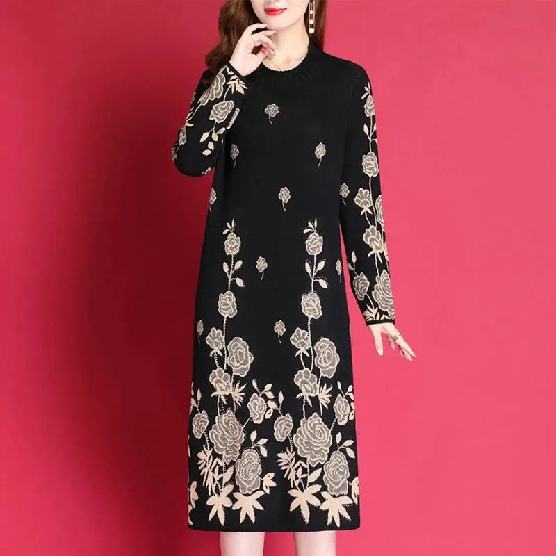 6XL Women Temperament Sweater Dress 2022 Middle-Aged Female Autumn Winter Thick Fat Warm Long Sweater Knit Dress Women pullover