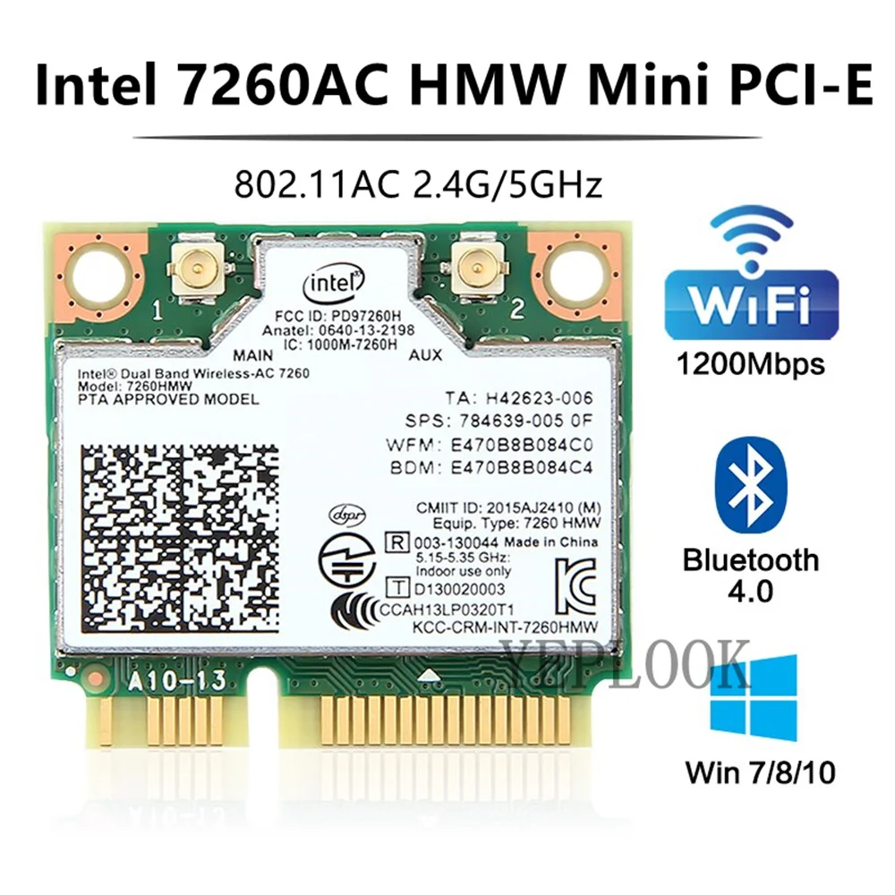 Wireless-AC 7260 WiFi Card 7260AC 7260HMW Dual Band 2.4G & 5Ghz 300M+867Mbps 802.11ac/a/b/g BT4.0 Half Mini PCI-E Network Card