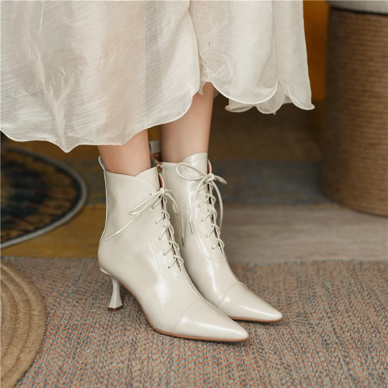 ANNYMOLI Genuine Leather Ankle Boots Winter Women Shoes Thin High Heel Boots Pointed Toe Zipper Ladies Sexy Boots Beige 2021 New