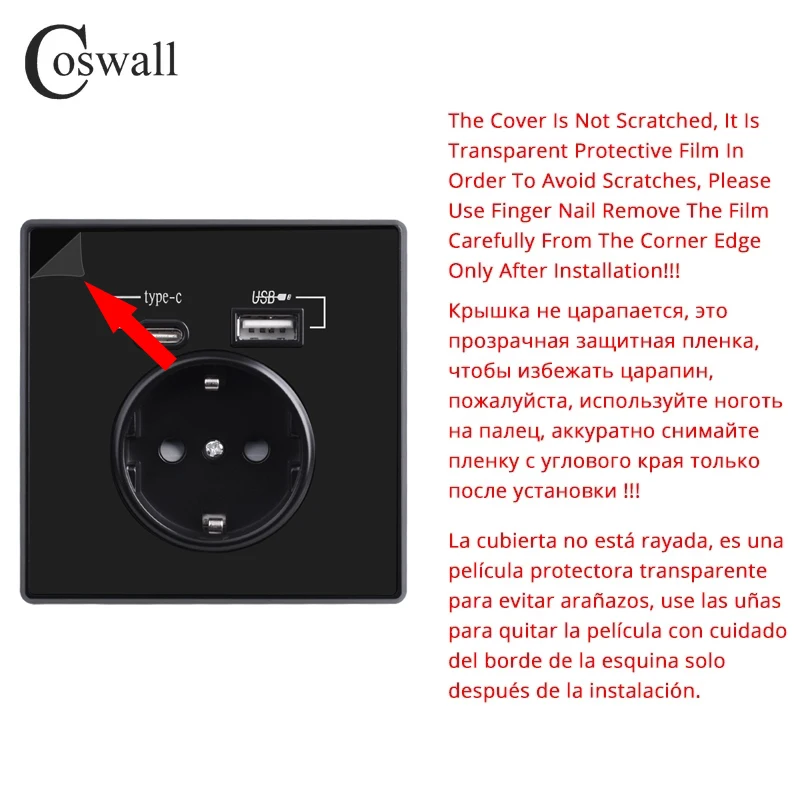 Coswall Type-C Interface Outlet Full Mirror Crystal Panel Black Wall EU Russia Spain French Standard Socket With USB Charge Port