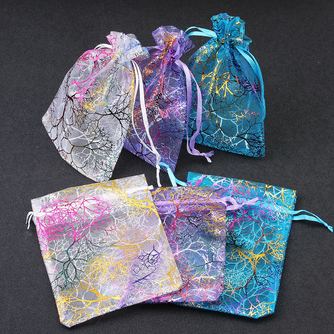 25pcs 7x9 9x12 10x15cm Colorful Organza Bags Coral Shape Jewelry Packaging Bags Wedding Favor Gift Bags Drawstring Pouches