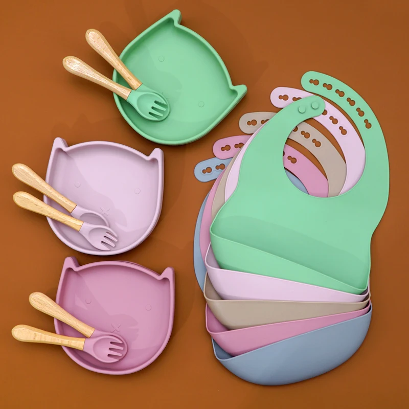 100% Food Grade Silicone 4pcs Baby Feeding Set Powerful Sucker Children's Supplementary Food Tableware Combination BPA Free