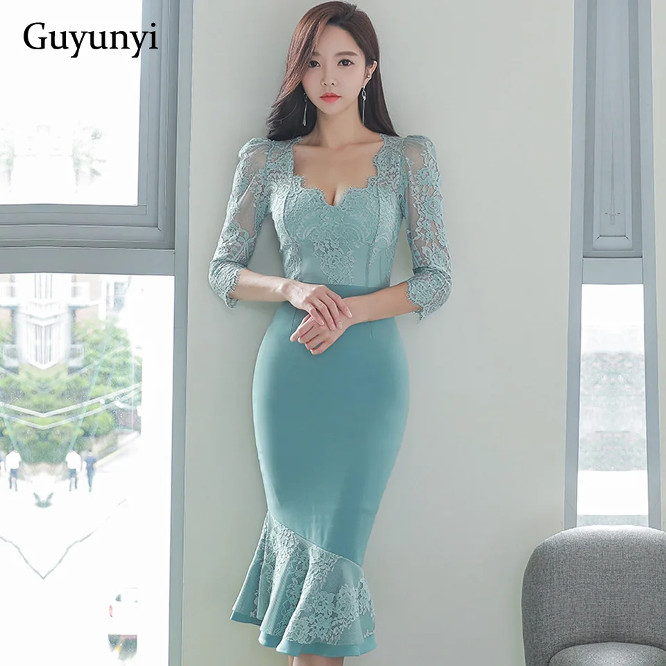 Plain Color Elegant Party Dress 2024 Spring Temperament Sexy Perspective Lace Sleeve And Back High Waist Tight Dress Women