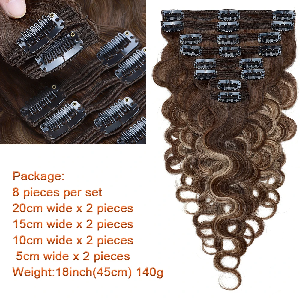 SEGO 140g Body Wave Clip In Hair Extensions Human Hair 8pc/set Hair Pieces for Women Double Weft Machine Remy Clip Ins