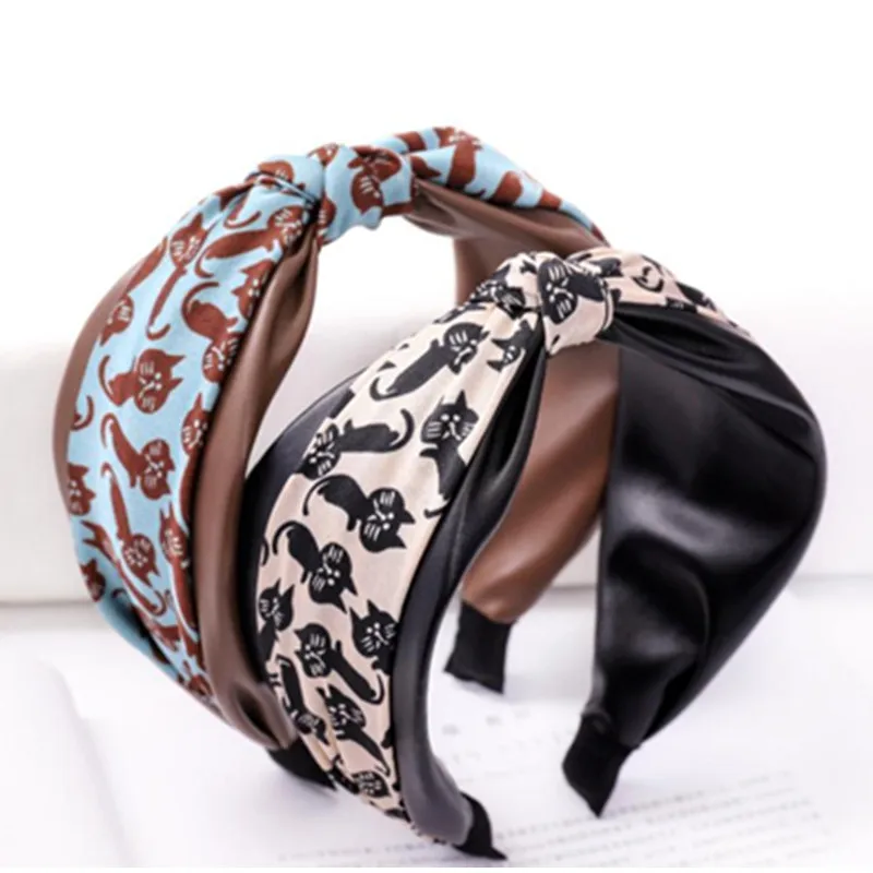 

Lovely Cats Print Headbands Women PU Leather Hairbands Knot Adults Girls Wide Head Band Women Hair Accessories Hair Hoop