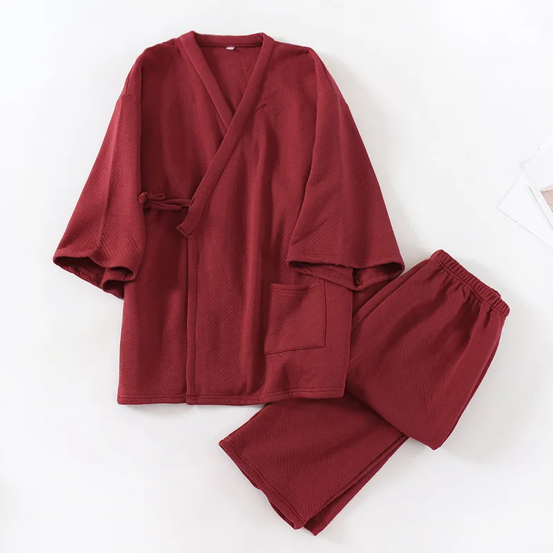 Autumn Winter Japanese Style Kimono Robe Gown Sleepwear Casual Solid 2PCS Nightwear Soft Cotton Yukata Loose Home Clothes Suit