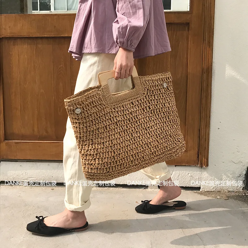 Rattan Large Capacity Totes for Women Casual Wicker Woven Wooden Handbags Summer Beach Straw Bag Lady Big Purses Travel Sac 2024