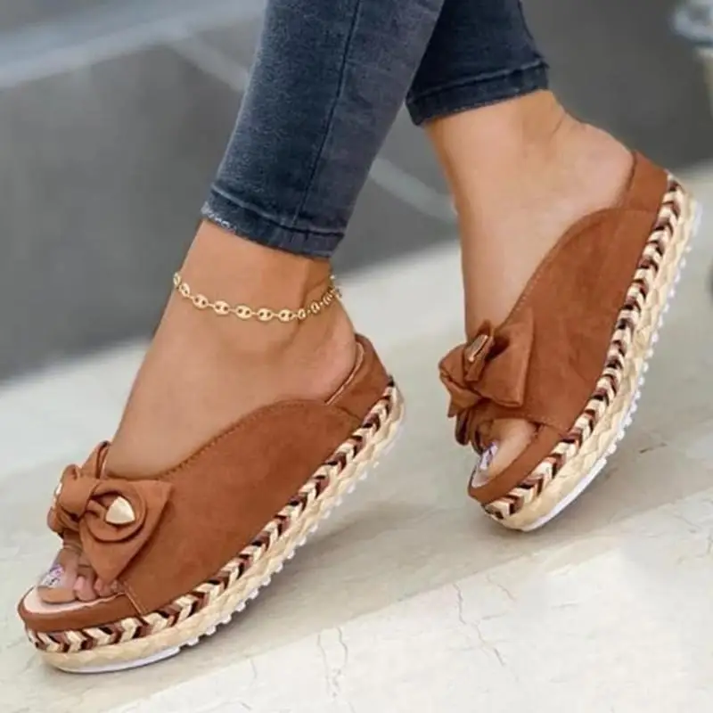2022 Summer Women Slippers Casual Solid Color Bowknot Platform Slippers Fashion Braided Straps Outdoor Sandals Zapatillas Mujer