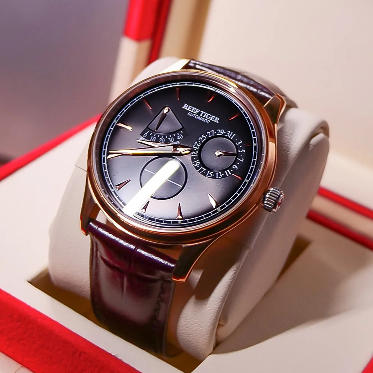 Reef Tiger/RT Elegant Mens Watch with Complete Calendar Power Reserve Rose Gold Automatic Watch RGA1980